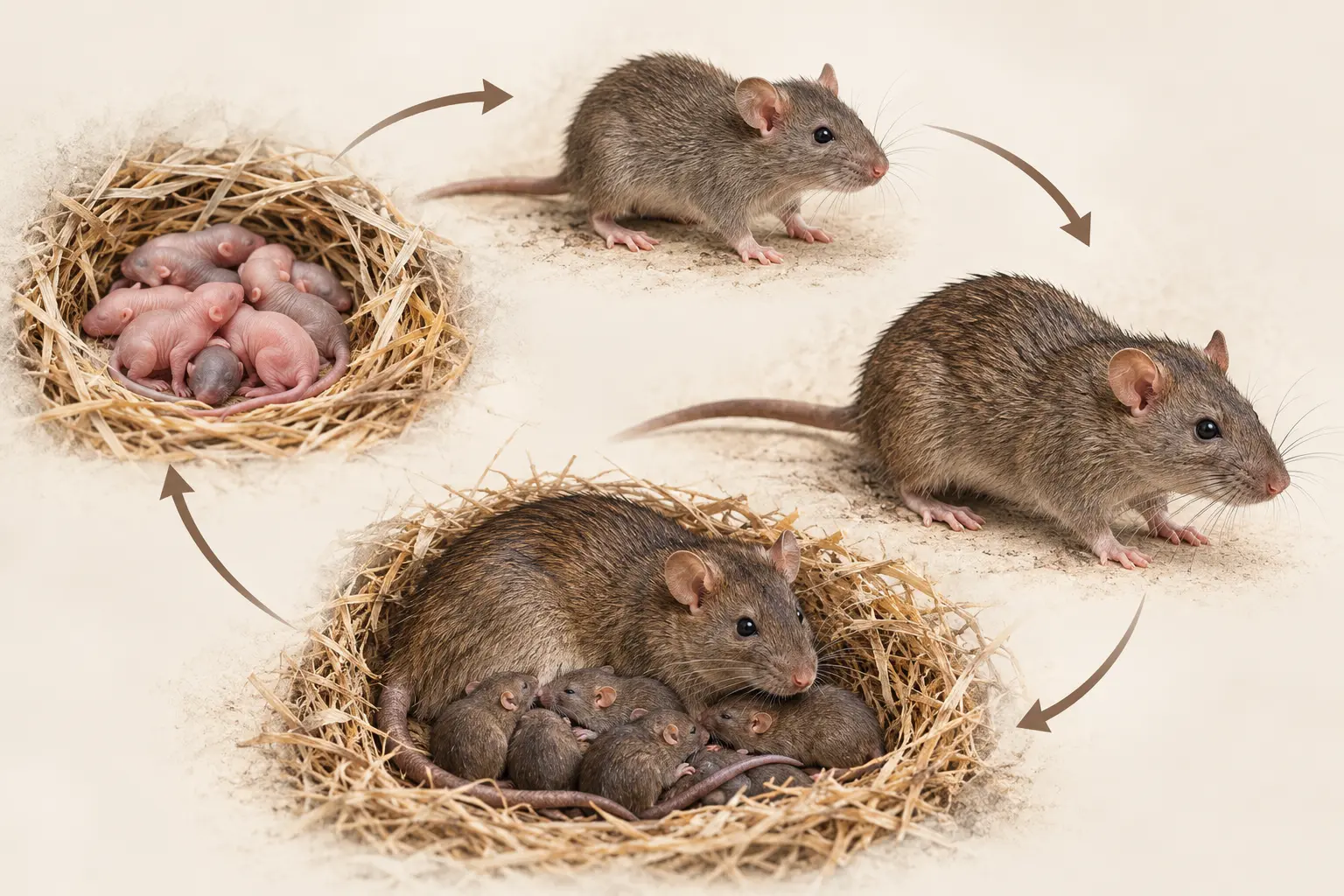 A patkány életciklusa: ivarérettség 3–4 hét, almonként 6–12 kölyök, évente 5–7 alom, kolóniaépítés